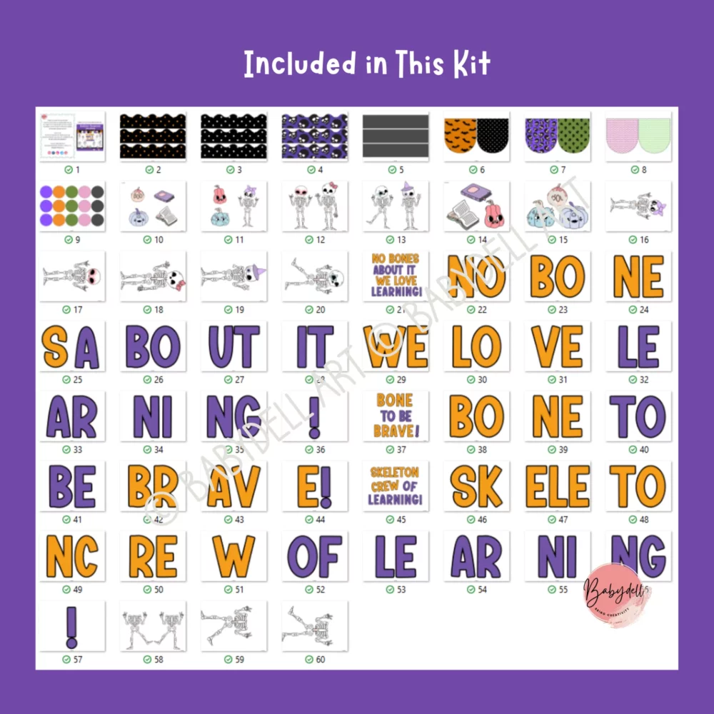 Colorful spooky skeleton bulletin board kit for Halloween classroom decor
