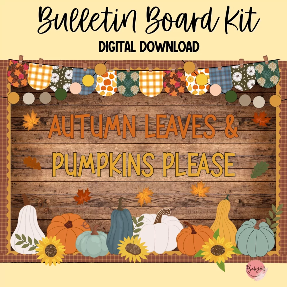 Colorful fall-themed bulletin board kit featuring pumpkins and autumn leaves.