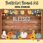 Colorful Fall Pumpkin Bulletin Board Kit with autumn leaves, perfect for classroom decor.
