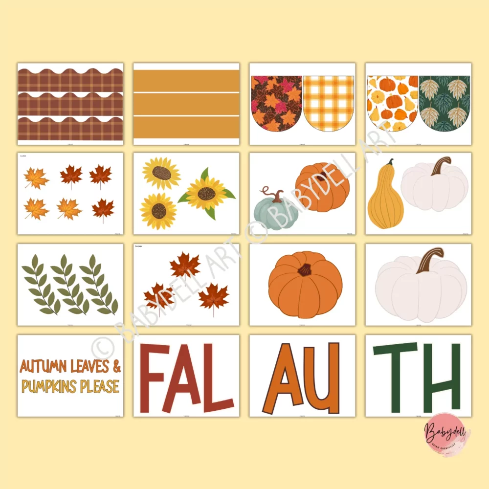 "Colorful printable autumn pumpkin bulletin board kit for classrooms and door decor."