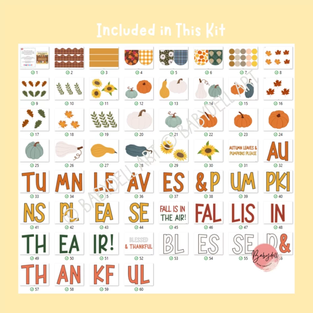 Printable Fall Pumpkin Bulletin Board Kit with colorful autumn decorations.