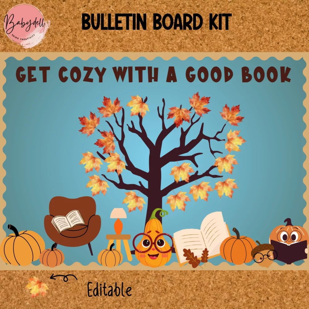 Colorful bulletin board kit featuring cozy autumn-themed designs for reading promotion
