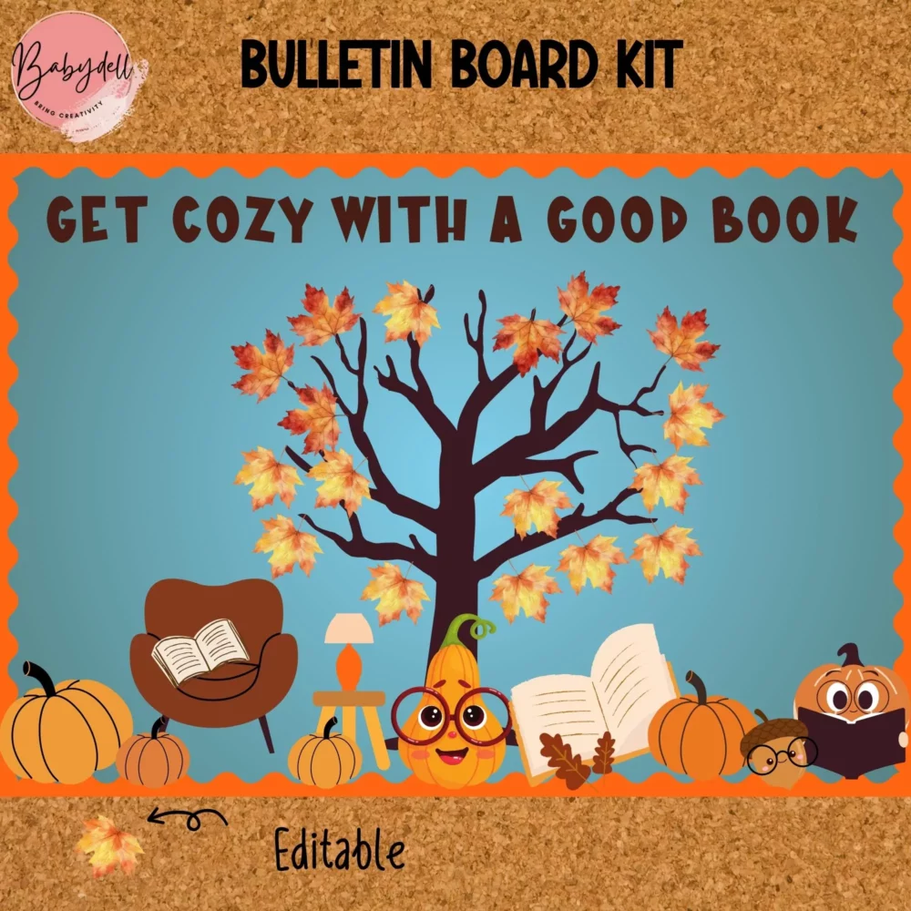 Cozy autumn-themed bulletin board kit featuring books, leaves, and fall colors for library and classroom decor.
