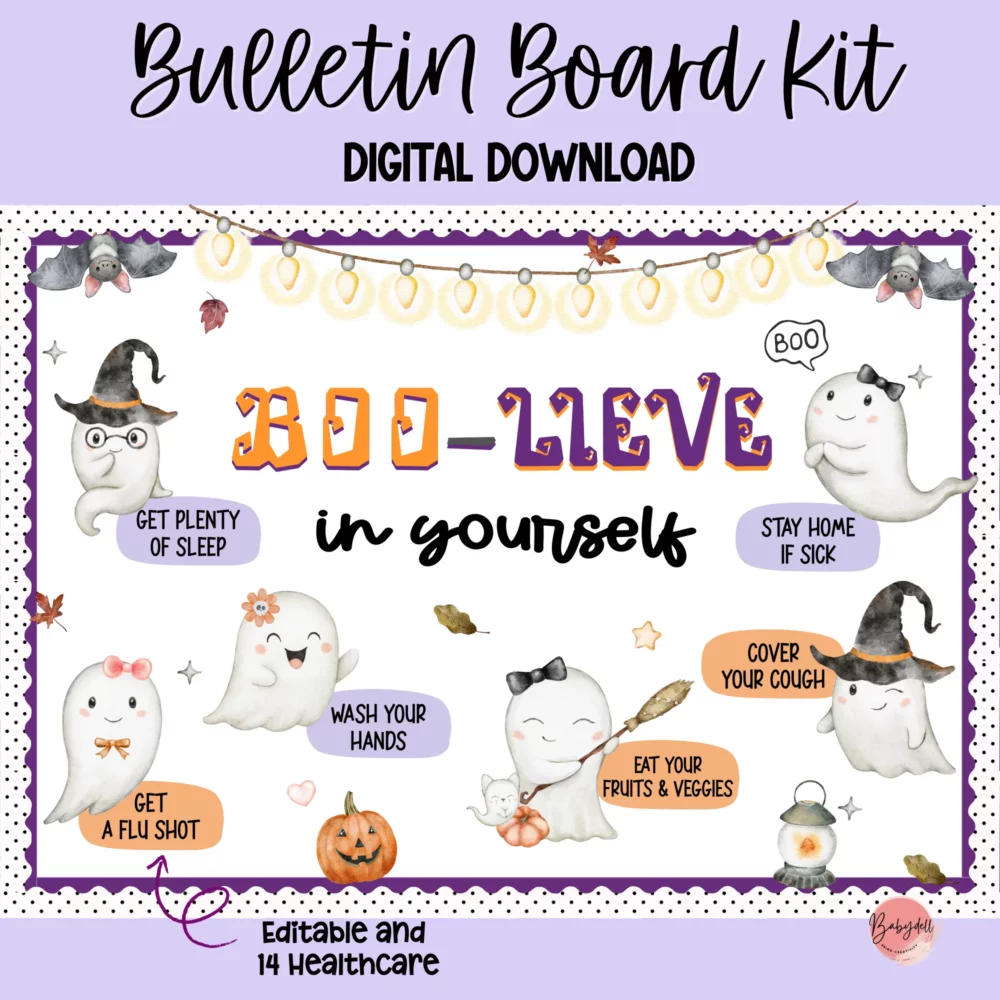 Colorful Fall and Halloween-themed bulletin board kit for school nurses, featuring health-related designs.