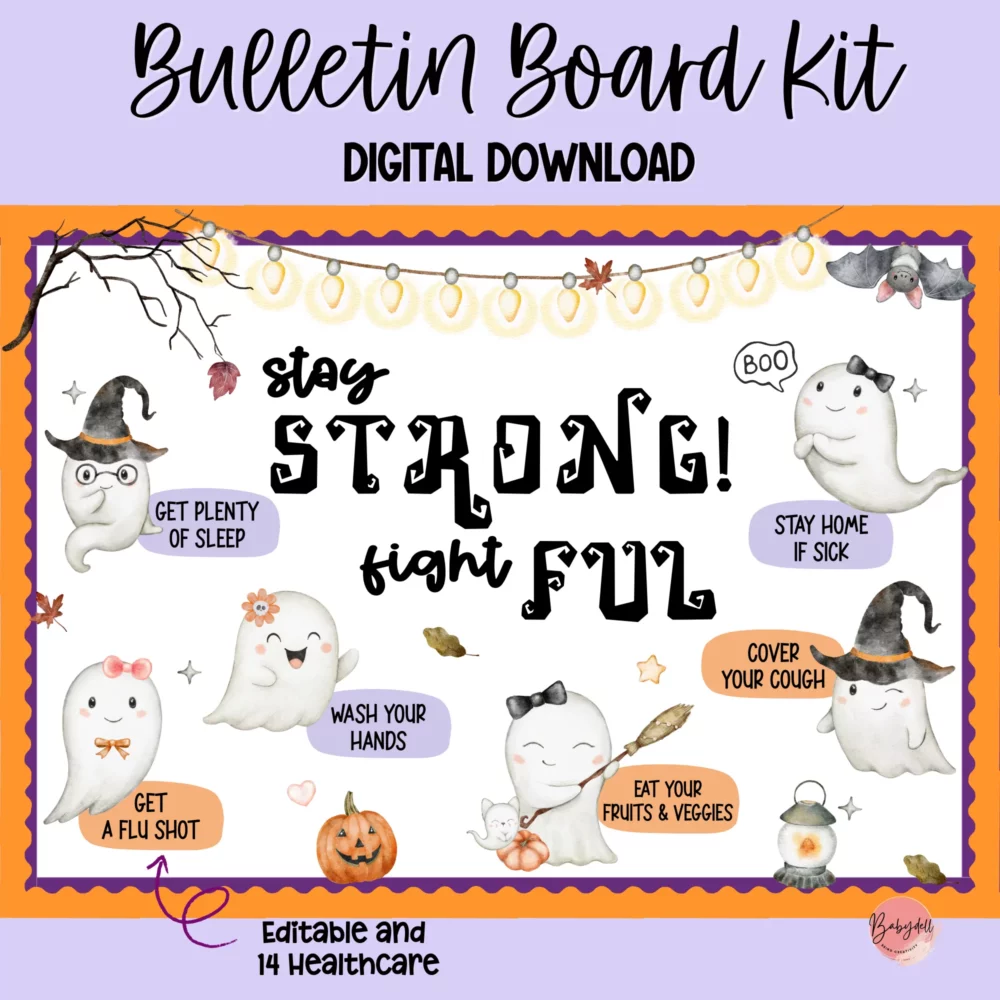 Bulletin board kit featuring autumn and Halloween themes for school nurses' health office decor