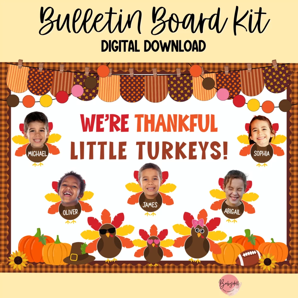 A colorful bulletin board kit featuring a funny turkey design with editable elements for Thanksgiving classroom decor.