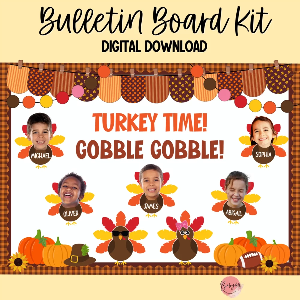 Colorful and funny turkey bulletin board kit for Thanksgiving classroom decor.