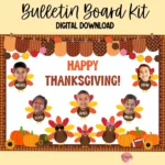 A colorful and fun turkey-themed bulletin board kit for Thanksgiving classroom decor.