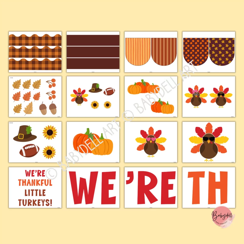 Colorful Thanksgiving-themed bulletin board kit featuring funny turkey designs.