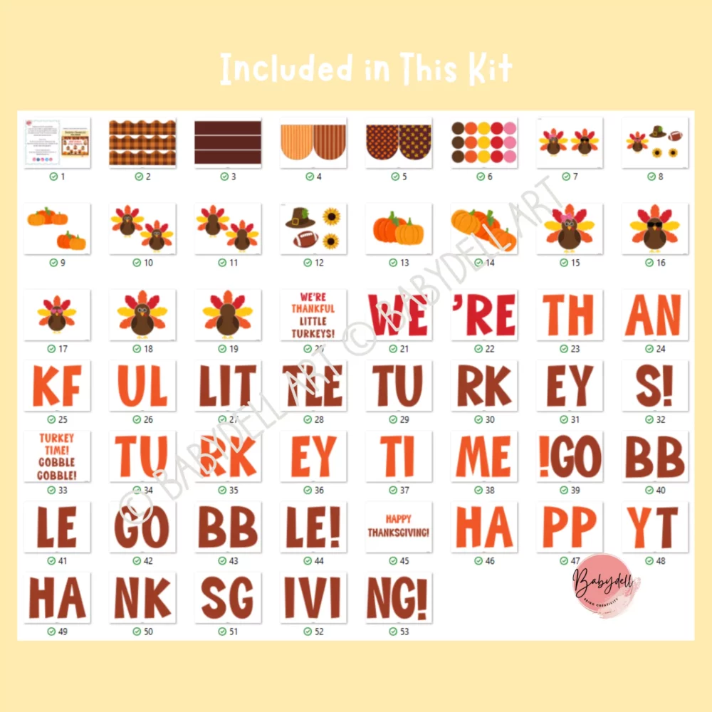 Colorful Thanksgiving bulletin board kit featuring a funny turkey design with editable elements.
