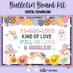 Editable Halloween bulletin board kit featuring cute retro ghost designs for PreK and Kindergarten classrooms.