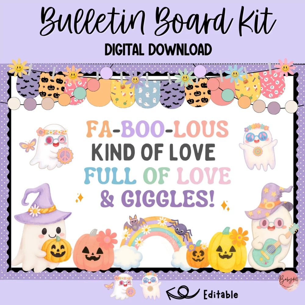 Groovy Ghost Bulletin Board Kit | Editable Retro Halloween Decor for PreK & Kindergarten