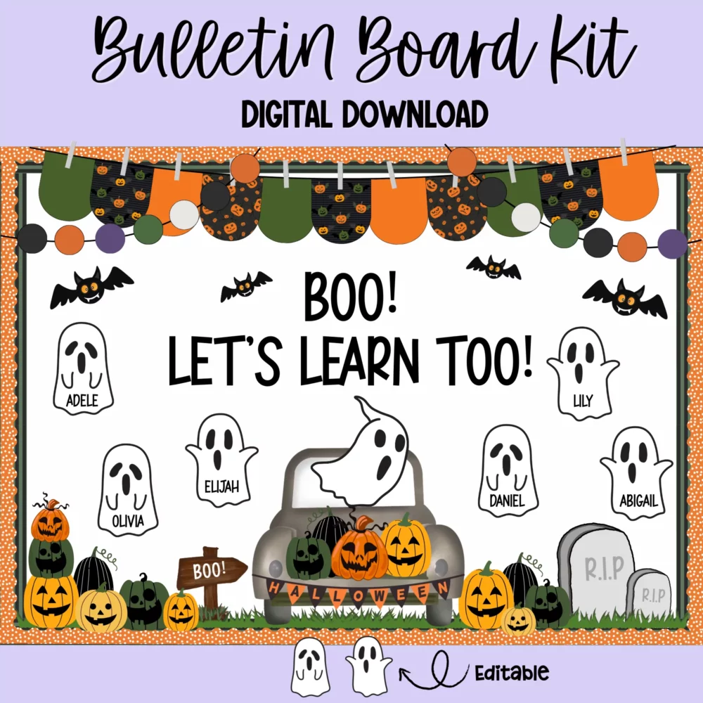 Hocus Pocus themed Halloween bulletin board and door decor featuring spooky designs and sayings.