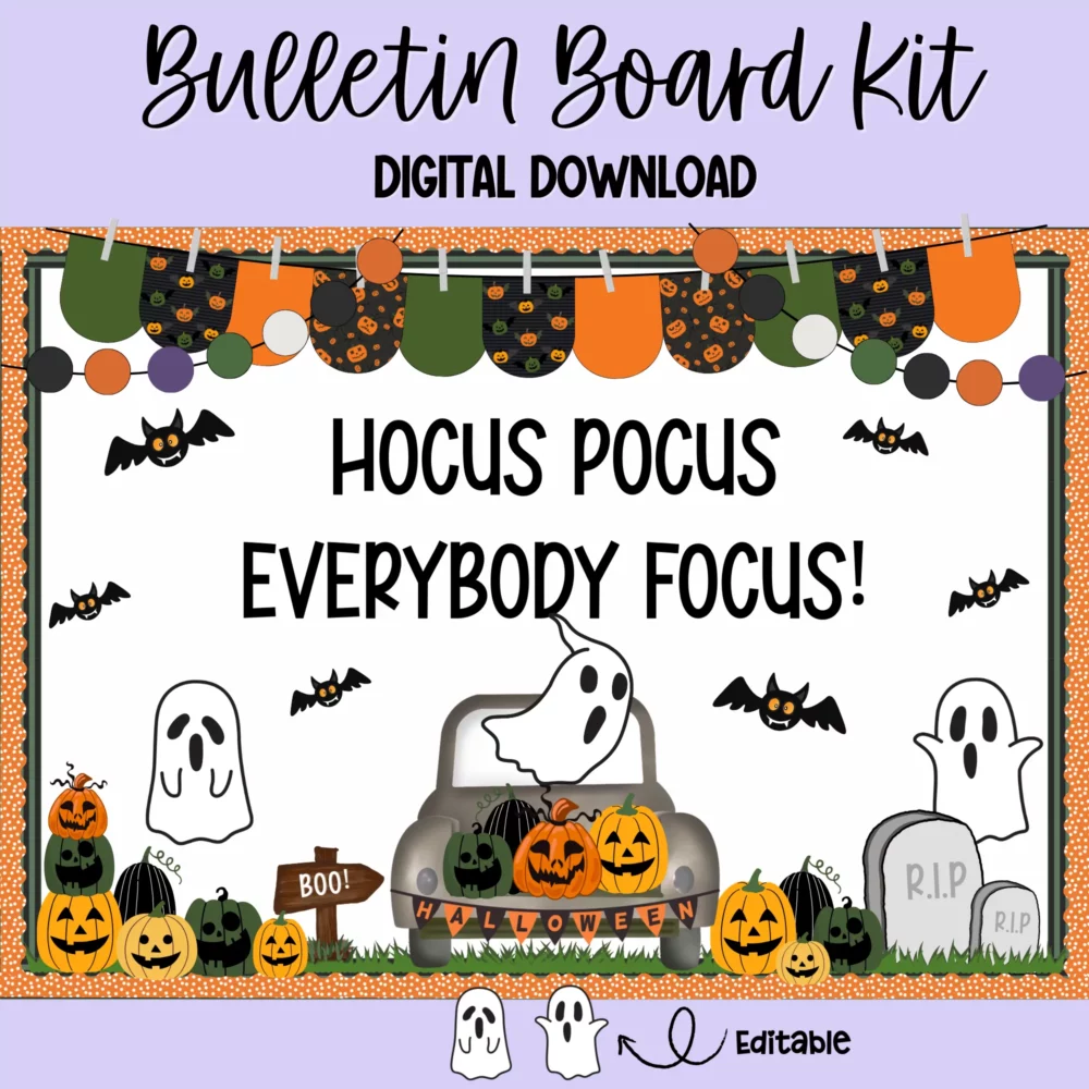 Halloween bulletin board and door decor kit inspired by Hocus Pocus featuring spooky designs.