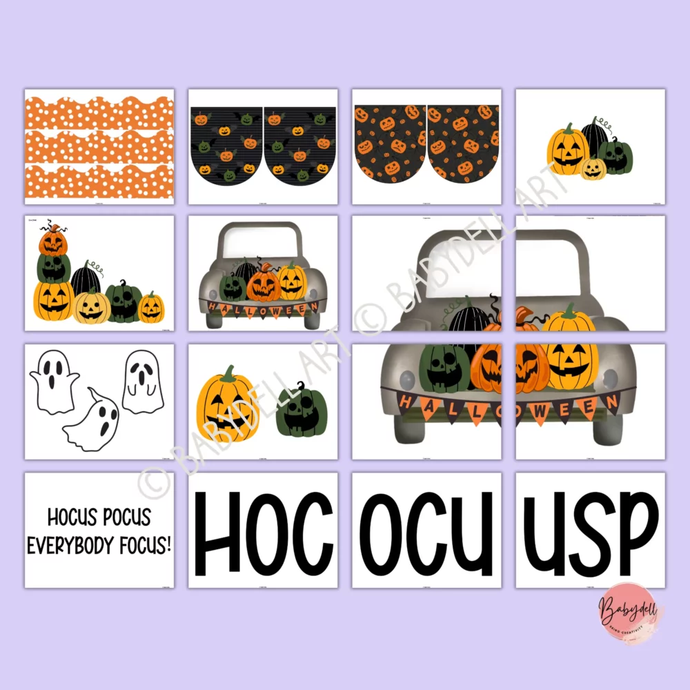 Halloween bulletin board and door decor kit inspired by Hocus Pocus featuring spooky sayings and vibrant designs.