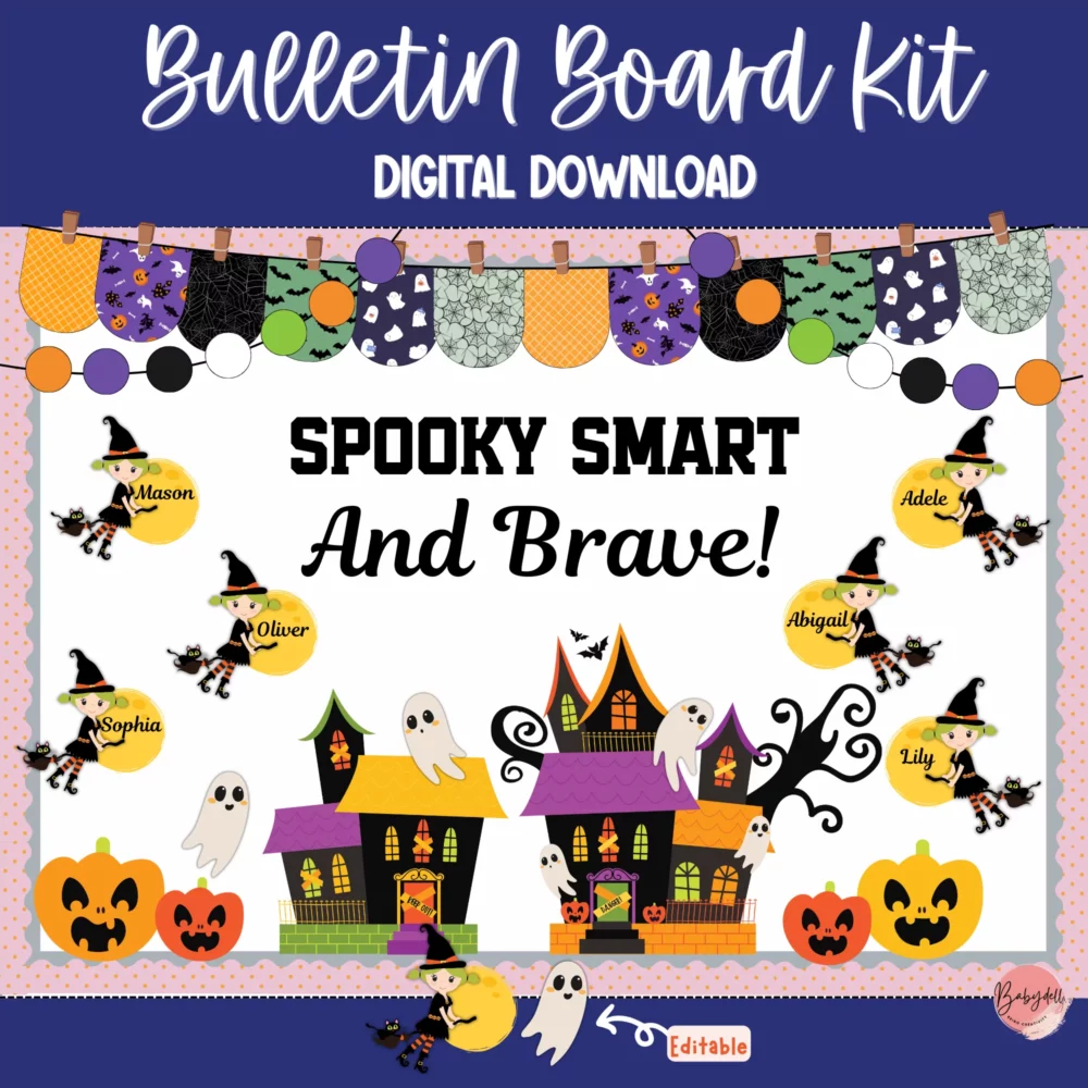 Editable Halloween bulletin board kit featuring witches and ghosts for classroom decoration.