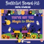 Editable Halloween bulletin board kit featuring a witch and ghost design.