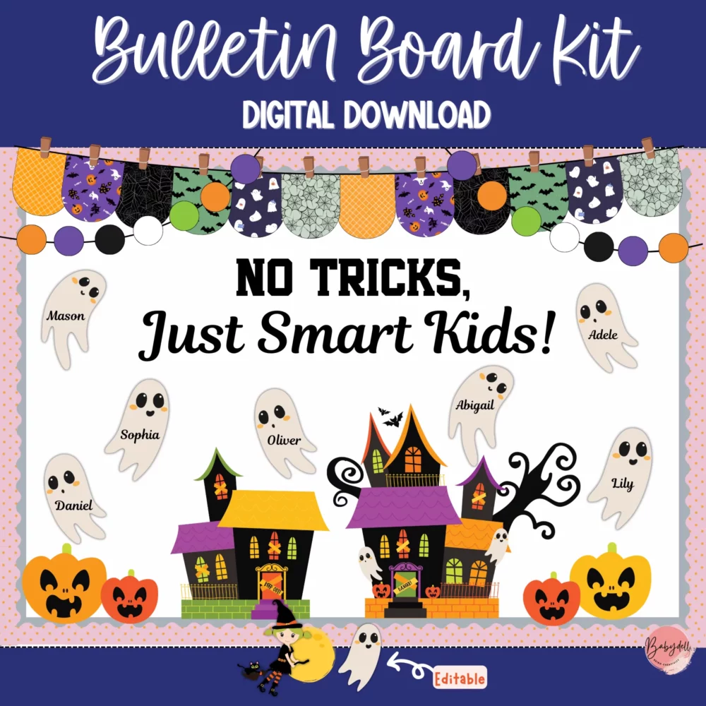 Colorful Halloween-themed bulletin board kit featuring witches and ghosts.