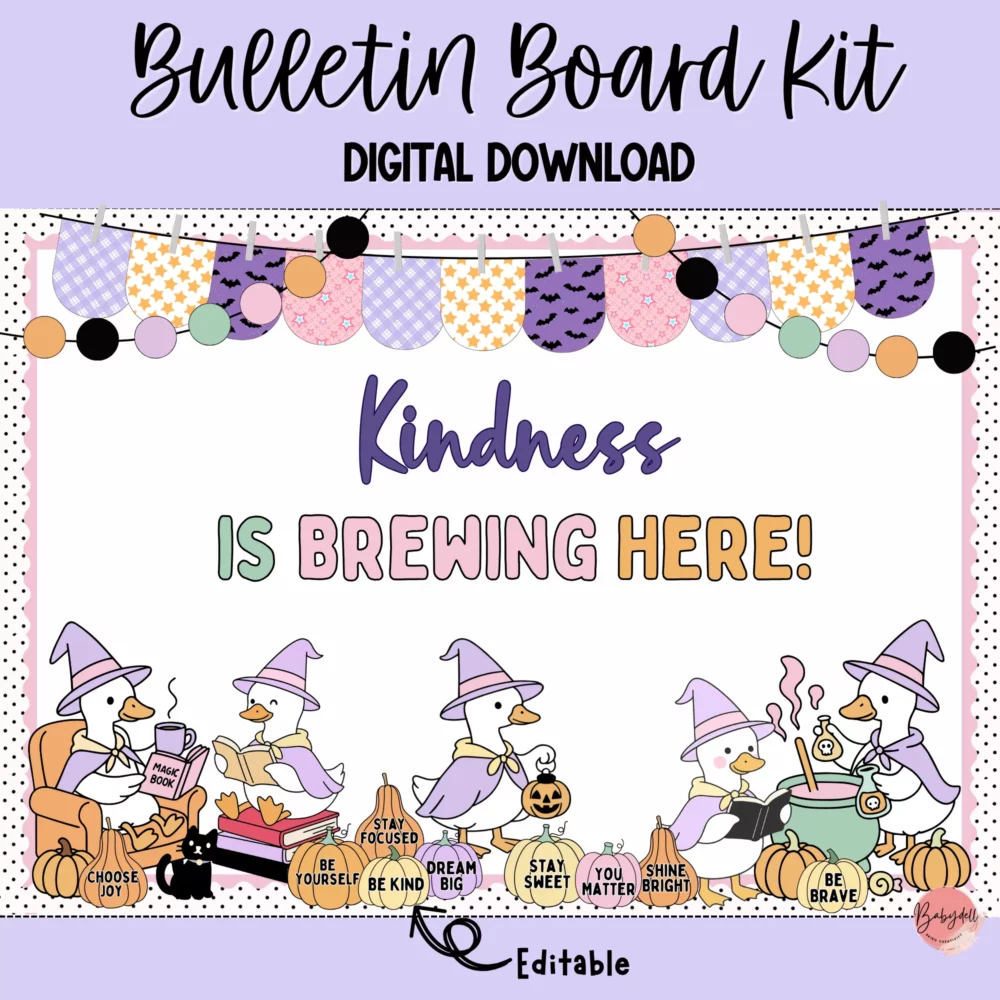 Kindness is Brewing Bulletin Board Kit | Editable Pastel Halloween Goose & Witch Decor