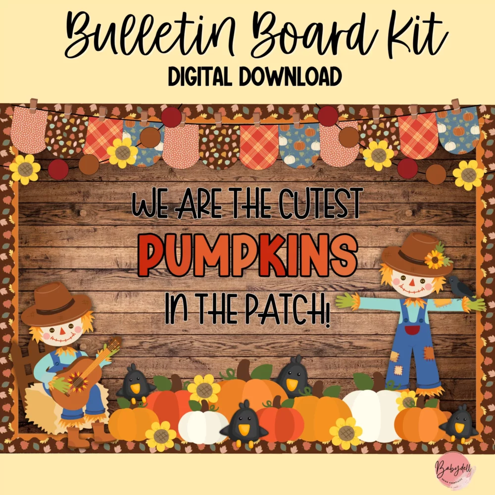 Colorful scarecrow and pumpkin patch bulletin board kit for fall classroom decor