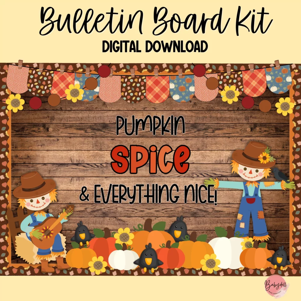 Fall-themed bulletin board kit featuring a colorful scarecrow and pumpkins.