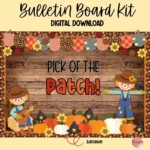 A colorful bulletin board kit featuring a cheerful scarecrow and pumpkins, perfect for fall classroom decor.