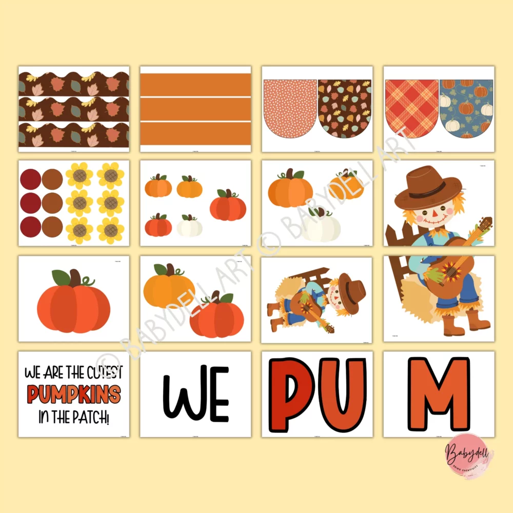 "Colorful Scarecrow and Pumpkin Patch Bulletin Board Kit for fall classroom decor"