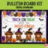 "Colorful Highland cow Halloween bulletin board kit for classroom door decoration" 3. Caption: "Make your classroom the spookiest and cutest on the block with this delightful decor!" 4. Description: This Printable Highland Cow Halloween Bulletin Board Kit adds a whimsical touch to any classroom or door with its charming design. Featuring adorable Highland cows dressed for the spooky season, this kit is perfect for creating an inviting and festive atmosphere. Easy to print and set up, it will surely engage students and bring smiles to their faces throughout October!