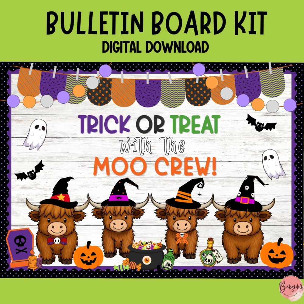 Printable Highland Cow Halloween Bulletin Board Kit | Spooky & Cute Classroom Door Decor