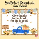 Fall bulletin board kit featuring a farmhouse truck and Bible verse decorations.
