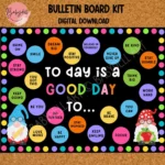 Decorative gnomes and positive phrases for a classroom bulletin board
