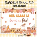 Editable bulletin board kit featuring retro fall-themed pie and pumpkin decor.