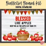 Christian-themed fall bulletin board kit featuring colorful apples and editable elements for classroom decor.
