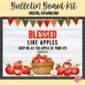 Christian-themed fall bulletin board kit featuring colorful apples and editable elements for classroom decor.