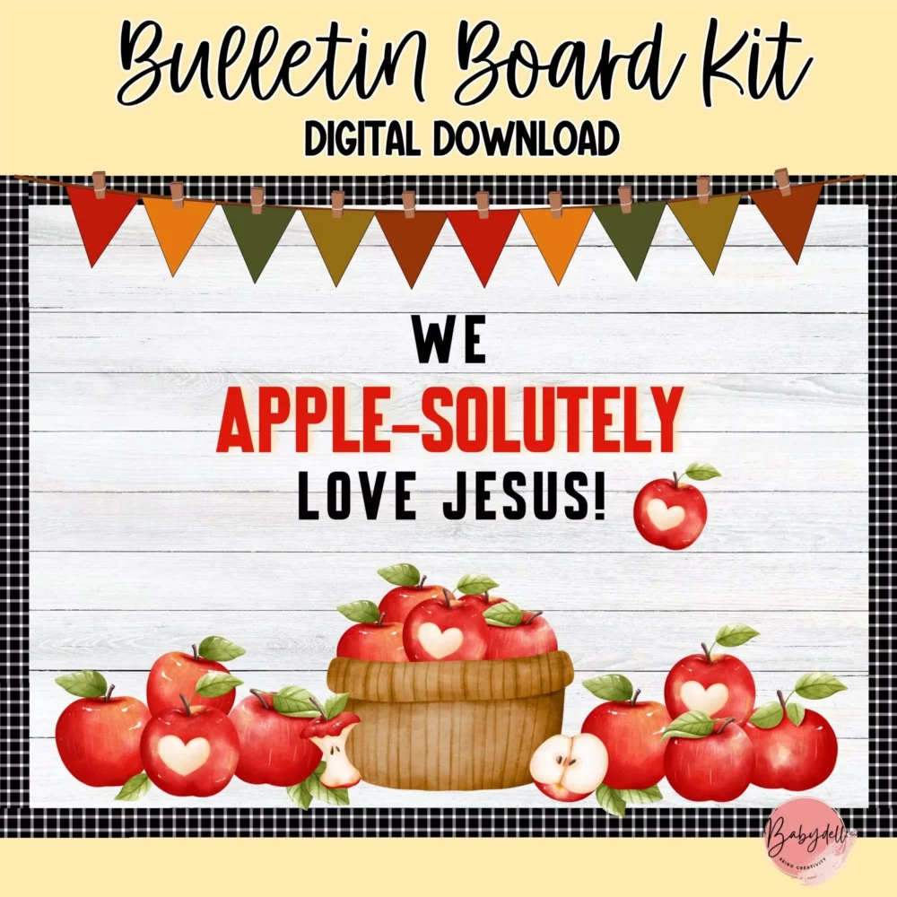 Editable Christian fall bulletin board kit featuring apple theme classroom door decor.