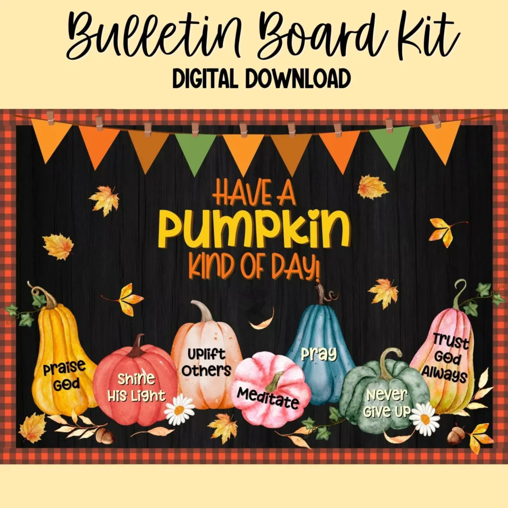Colorful Christian Fall bulletin board kit featuring pumpkins and autumn leaves.