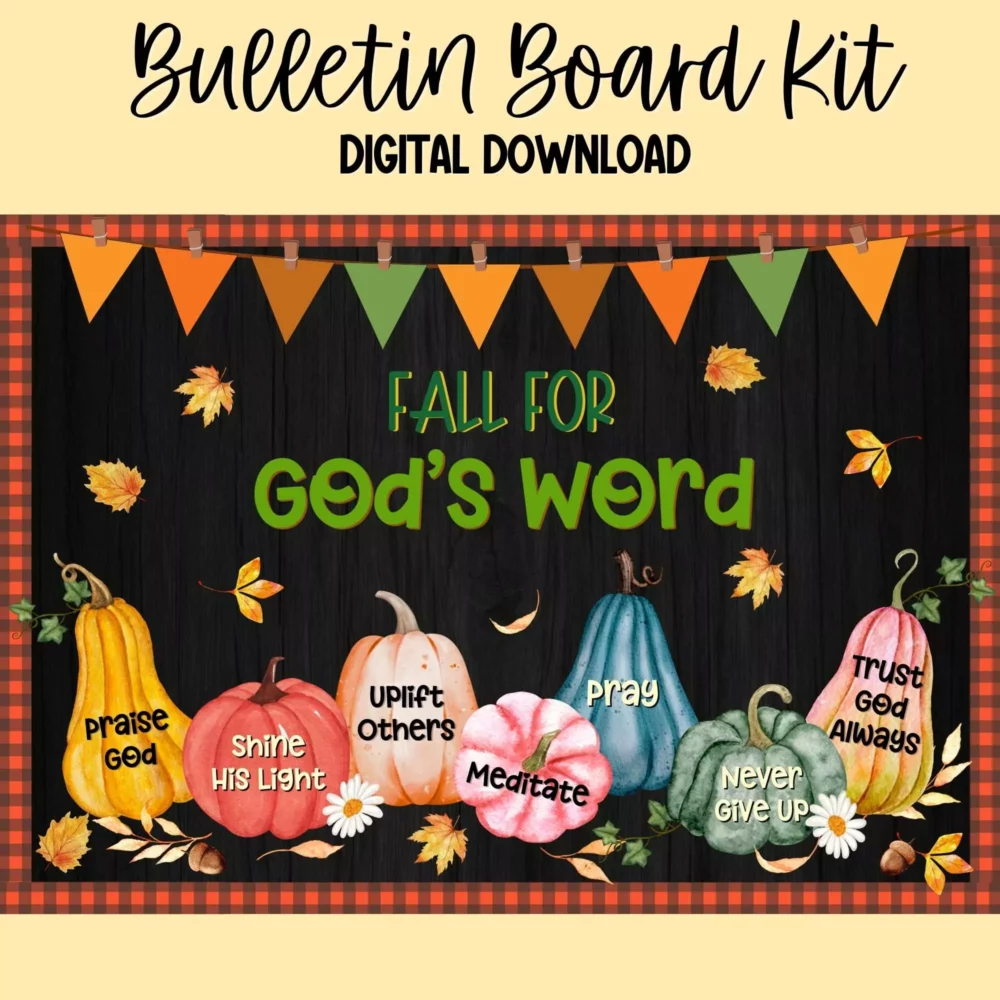 Colorful Christian fall bulletin board kit featuring pumpkins and blessings theme.