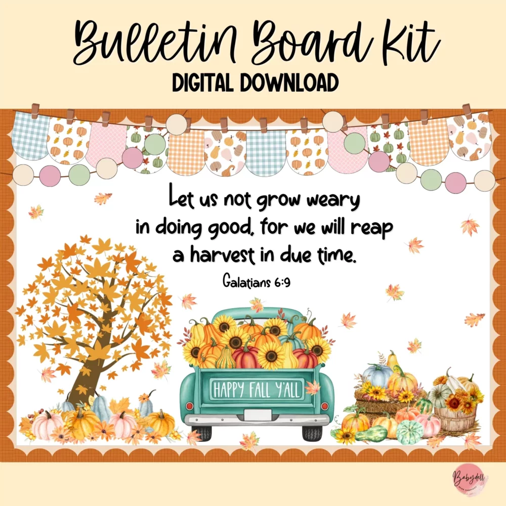 Cozy Christian fall bulletin board kit featuring a vintage truck and autumn-themed decorations.