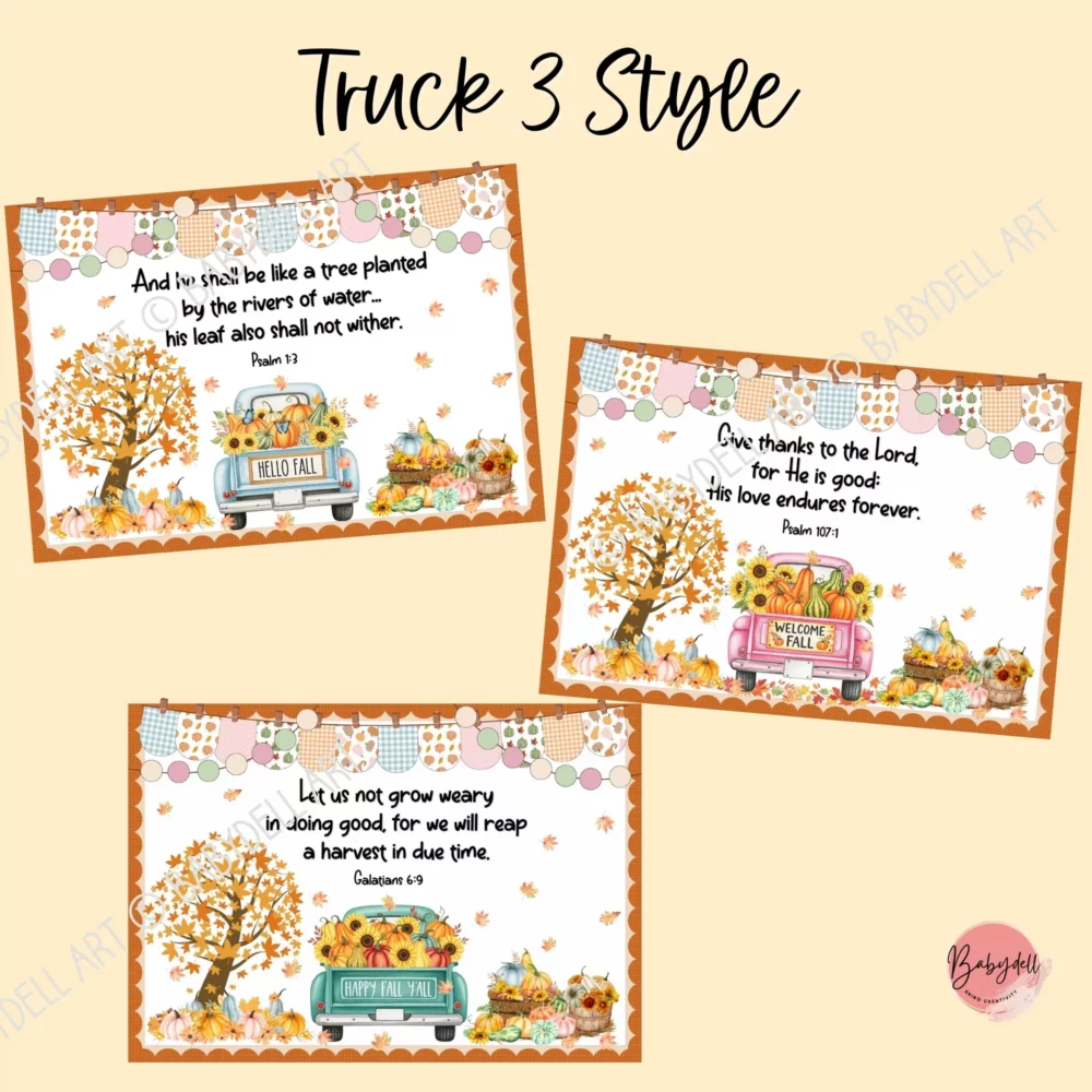 Cozy Christian fall bulletin board kit featuring a vintage truck