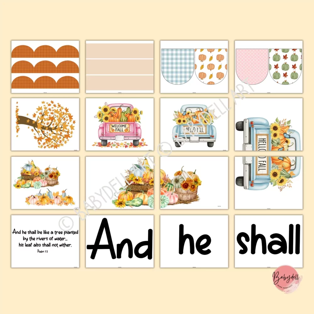 Cozy Christian fall bulletin board kit featuring a vintage truck and autumn-themed decor.