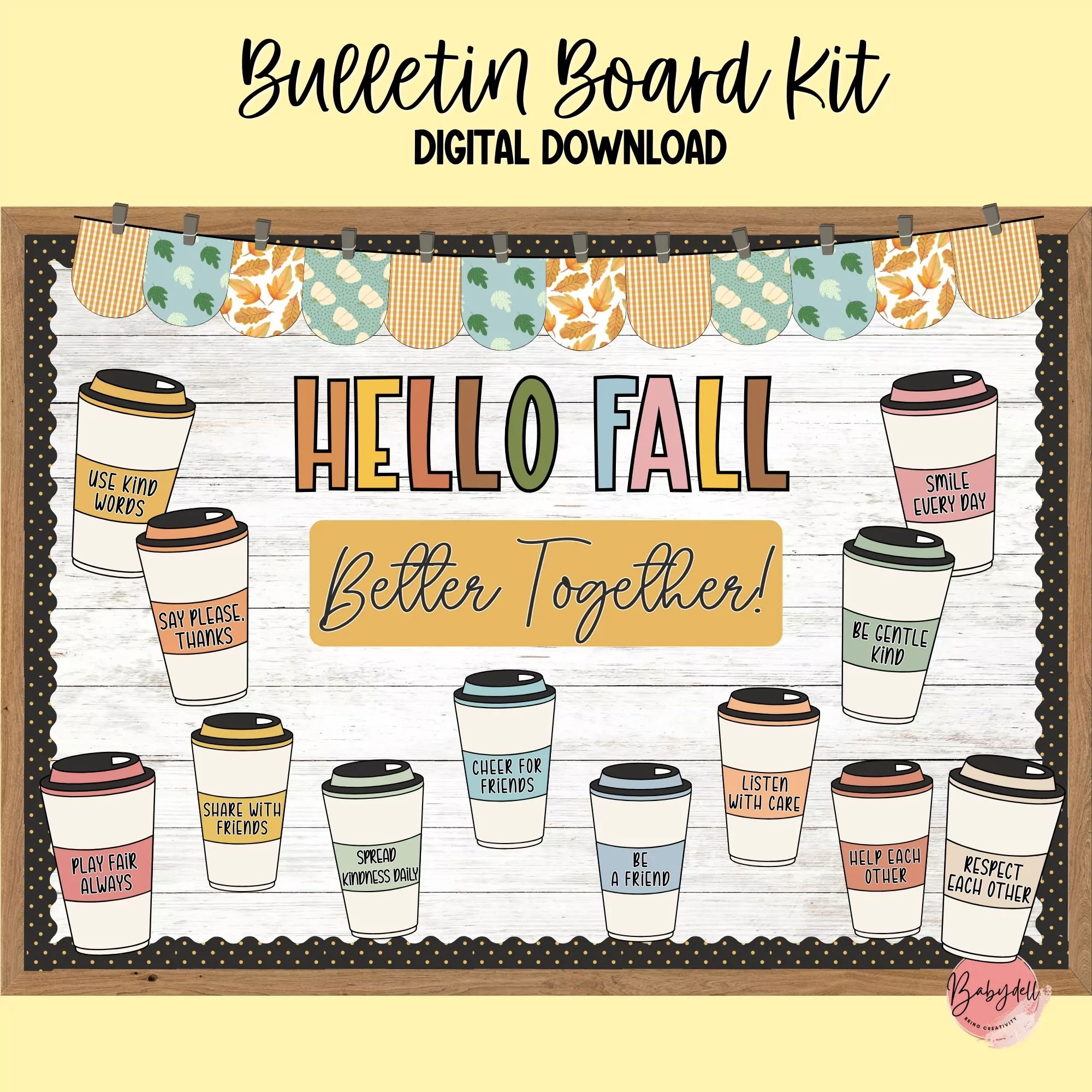 Cozy Cups Kindness Bulletin Board Kit featuring fall-themed coffee cup designs for classroom decor.