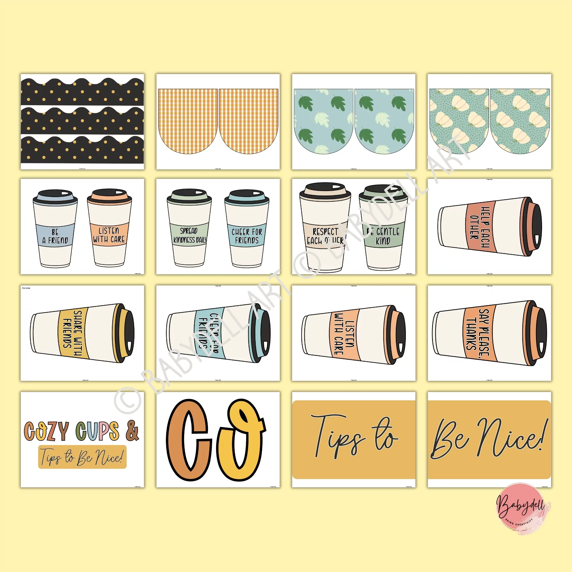 A colorful bulletin board kit featuring coffee cup designs and kindness messages for fall classroom decoration.