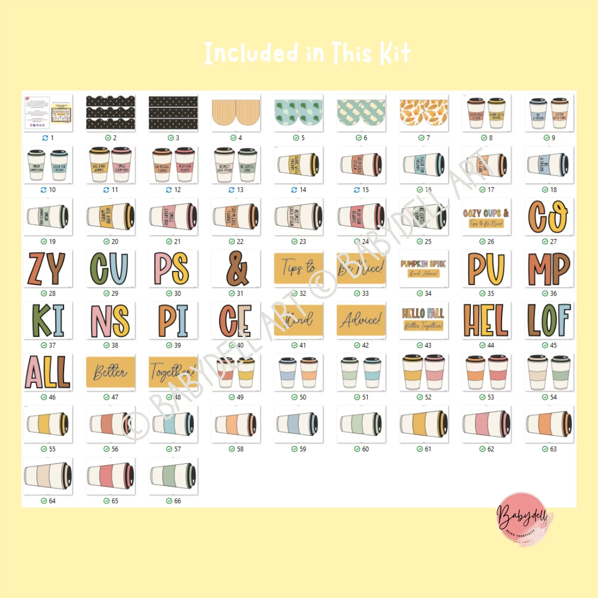 Fall-themed bulletin board kit featuring coffee cups and kindness messages for classroom use.