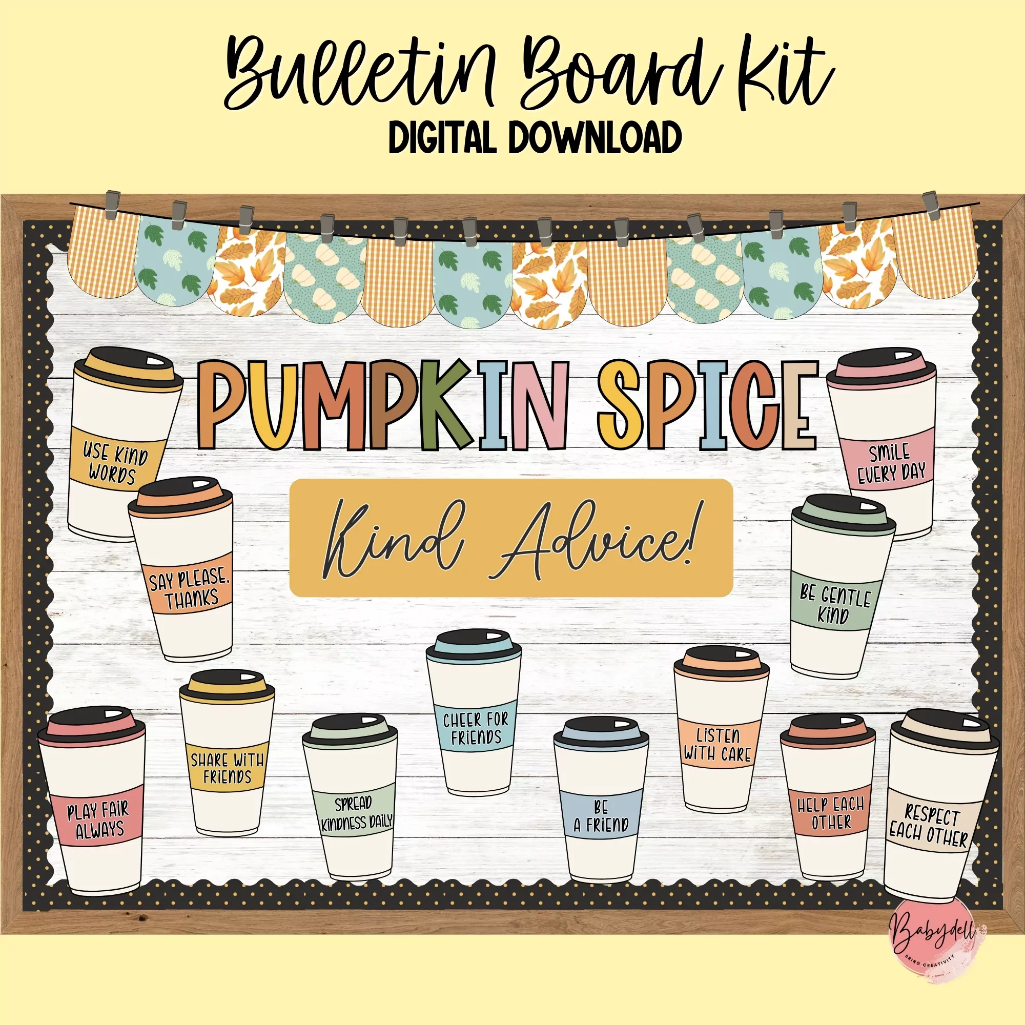 Cozy Cups Kindness Bulletin Board Kit featuring fall-themed coffee cup designs for classroom decor.
