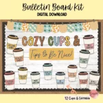 Bulletin board kit featuring fall-themed coffee cups with "kindness" messages