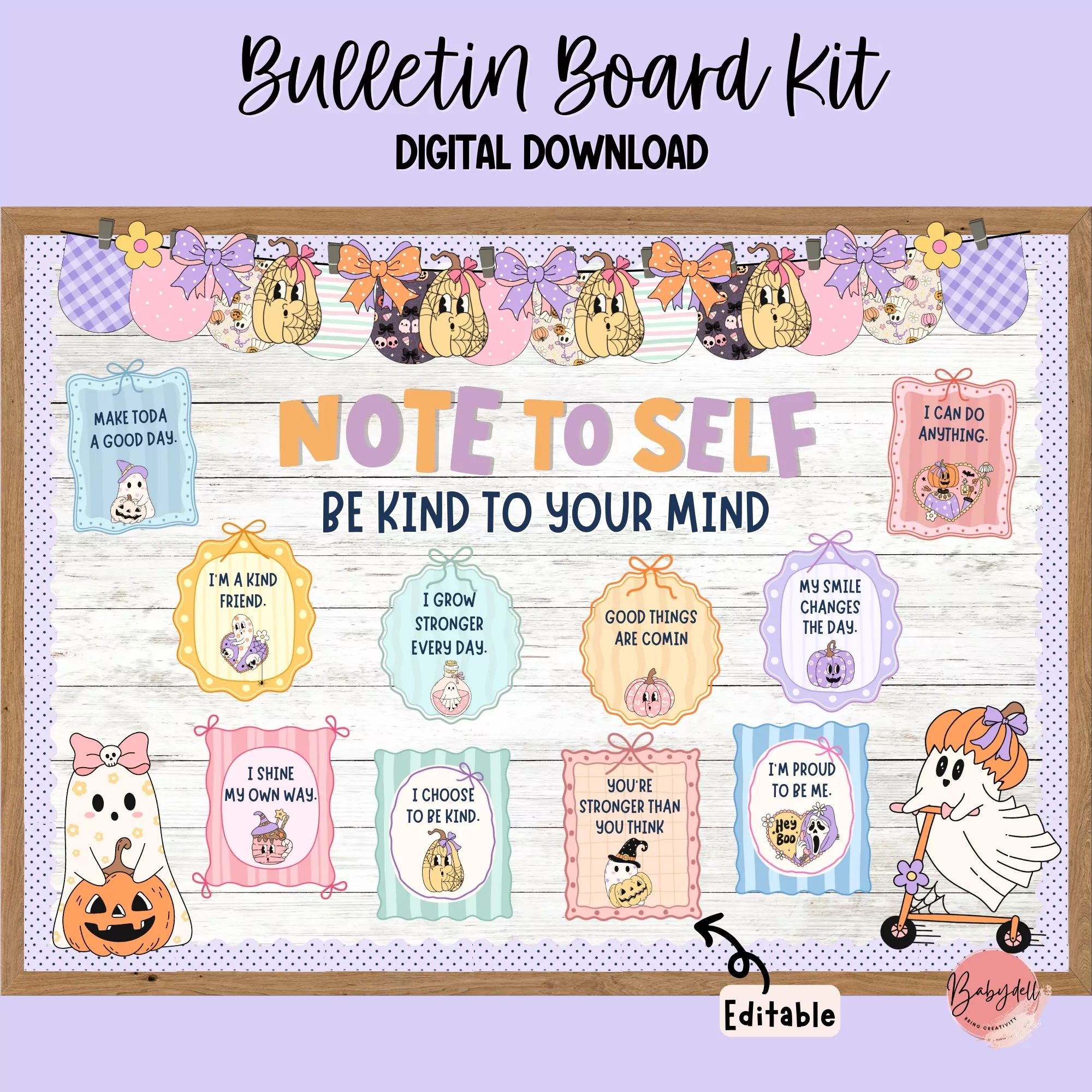 A colorful bulletin board kit featuring pastel Halloween-themed positive affirmations for classroom decor.