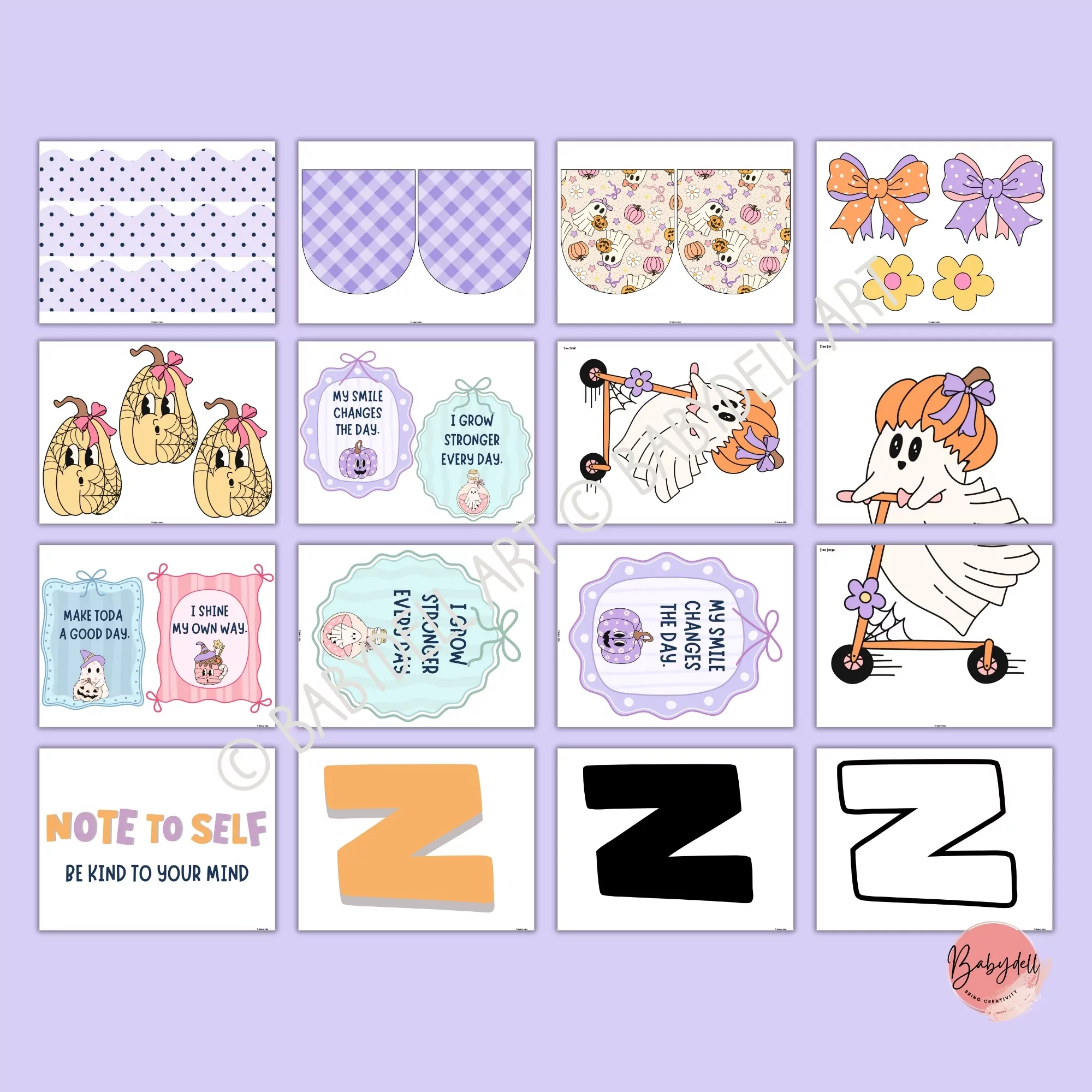 Colorful Halloween bulletin board kit featuring positive affirmations and festive designs.