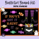 Editable Halloween bulletin board kit featuring positive affirmations and festive designs.