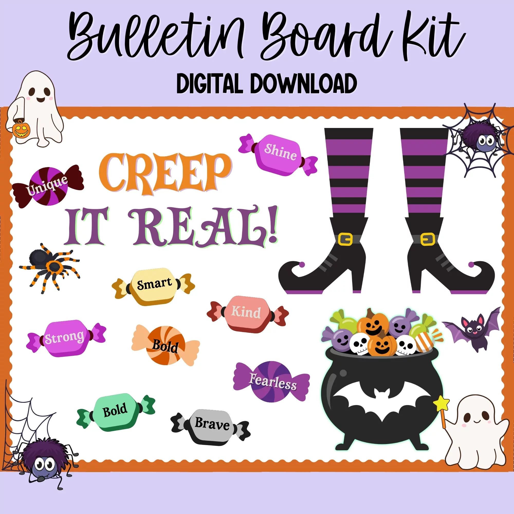An editable Halloween bulletin board kit featuring colorful graphics and positive affirmations.