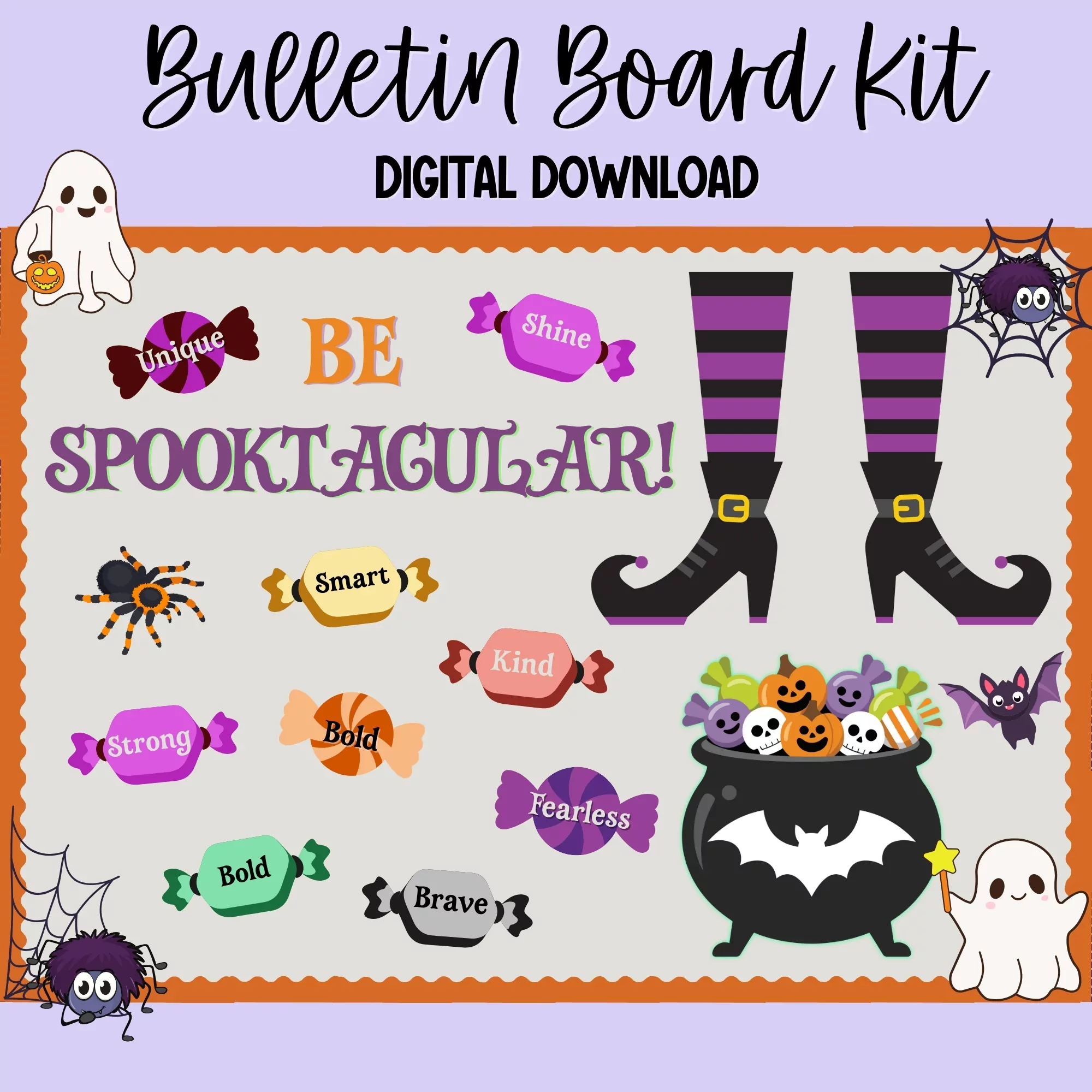 A colorful Halloween bulletin board kit featuring cute characters and positive affirmations for the classroom.